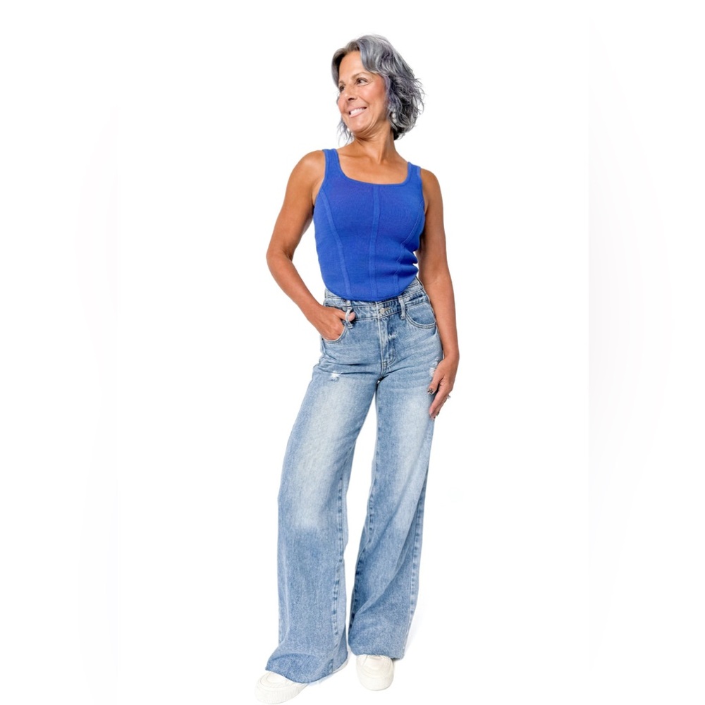 Nwt Women's Tummy Control Double Waist Wide Leg Denim